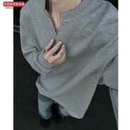 Lazy Style Henry Collar Long-Sleeved V-Neck Unisex Sweatshirt Jacket Bottoming Shirt Men