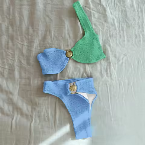 Pleasted Bikinis Colaless Swimsuit Triangle Bikini Set Women Swimwear Halter Bathing Suits Bandage B