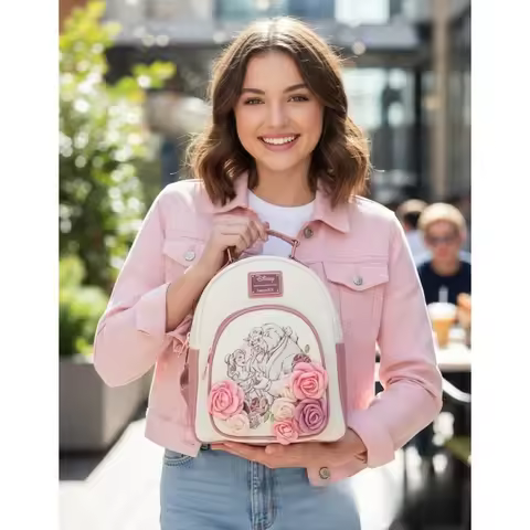 Beauty & Beast Princess Belle Flowers White Pink Wallet Mini Backpack