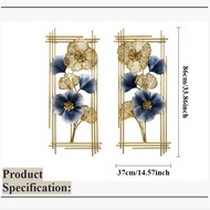 3D Large Metal Flower Wall Art Set – 86×37cm Each Handmade Gold and Blue Floral Design for Living Ro