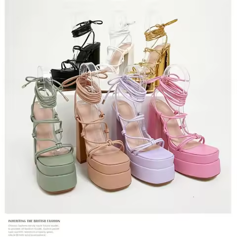 FF2025 New Fashion Solid Colored Cross-tied Heels Supper High Platform Dressing Sandals Peep-toe Squ