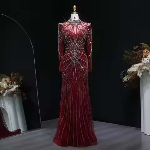 Sharon Said Luxury Wine Red Mermaid Evening Dresses Long Sleeves Crystal Beaded Women Wedding Party 