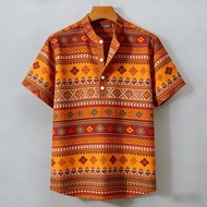 Southwestern Style Men's Short Sleeve Henley Shirt Stand Collar Aztec Geometric Print Casual Summer 