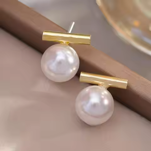 New Arrival Korean Simple One-Word Metal Simulated-Pearl Stud Earrings for Women Fashion Sweet Grey 