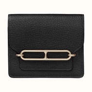HERMES Roulis Slim Wallet 經典豬鼻子造型山羊皮翻蓋皮夾/迷你腰掛包(黑/淡金 無背帶)
