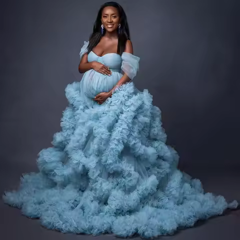 Dusty Blue Maternity Dresses for Photography Elegant Ruffled Tulle Photoshoot Dress Women Sweetheart