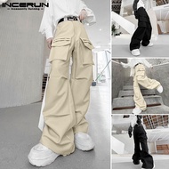 ChArmkpR Store แฟชั่นของผู้ชาย INCERUN กางเกงคาร์โก้ขาตรงหลายกระเป๋า (สไตล์เกาหลี)