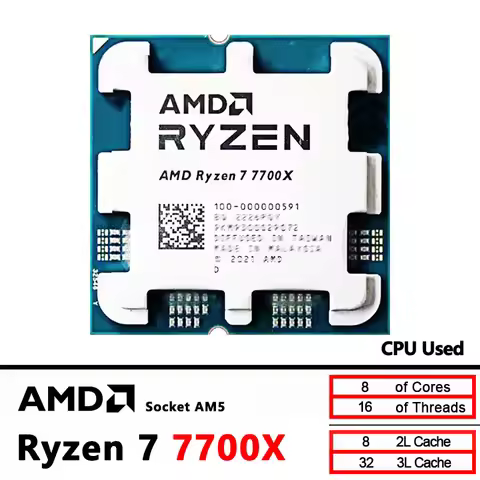 R7 7700X Used AMD CPU Ryzen 7 7700X , 4.5GHz,8-Core,16-Thread, 5NM, L3=32M,100-000000591 Socket AM5,