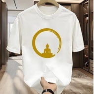 White Short Sleeve T-Shirt Featuring Buddha Statue in Dhyana Style - Free Shipping Available