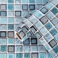 Wallercity Blue Mosaic Wallpaper Mosaic Tiles Wall Sticker for Bathroom 15.8" x 80"