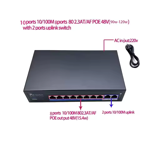 ANDDEAR passive 10 Port Poe Switch 48V 4/5+ 7/8- ethernet 10/100Mbps switch poe 8 port power for cct