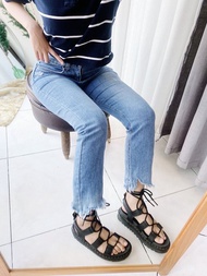 天空淺藍海洋下抽鬚 牛仔褲款刷破長褲窄管小喇叭褲pants vintage