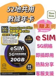 亞洲歐洲365天e sim無限數據年卡 5G 20GB後限速 高速漫遊數據咭 數據共用 電話卡/上網卡/數據卡