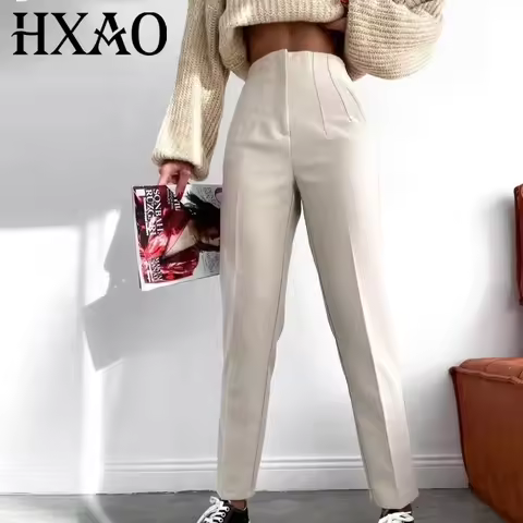 HXAO Office Wear Women'S Formal Pants Pleated High Waist Pants For Women Casual White Cropped Trouse