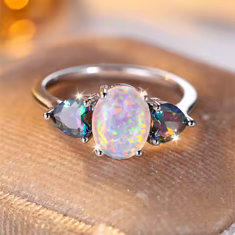 Oval Mystic White Fire Opal Rings For Women Silver Color Wedding Bands Rainbow Heart Zircon Engageme