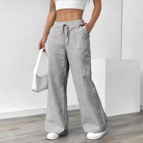 New striped loose wide-leg pants, thin slouchy straight-cut casual pants for women & long pants, ext
