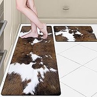 Western Cowhide Kitchen Rugs Set of 2 Black Brown Cow Print Rugs Anti Fatigue Mats for Floor Non Ski