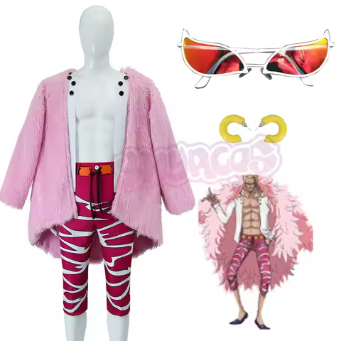 Donquixote Doflamingo Cosplay Costume Anime Glasses Pink Coat Shirt Glasses Outfits Halloween Party 