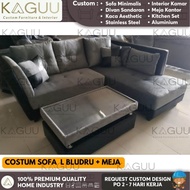 Sofa L Bludru + Meja / Custom Sofa Ruang Tamu Busa Naga Merah PLG