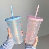 5/10pcs Reusable Cute Pink Bow Plastic Cup, With Lid And Straw, 24oz Pink Blue Bow Plastic Cups, Cut