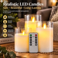 Set of 3 Glass Flameless LED Candles Real Wax Pillars & Moving Flame Wick and Remote with Timer, Bat