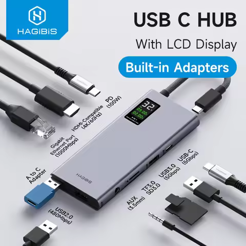 Hagibis USB C Hub With LCD Display Type C Multiport Adapter 4K HDMI-Compatible 100W PD Gigabit Ether