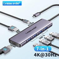 Lemorele TC66L USB C Hub 7-in-1 รองรับจอภาพ 2 จอแสดงผลอลูมิเนียมอะแดปเตอร์ 4K PD ชาร์จสำหรับ PC/แล็ป