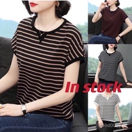 Woman's Blouse Plus Size Striped T-shirt Short Sleeve Top