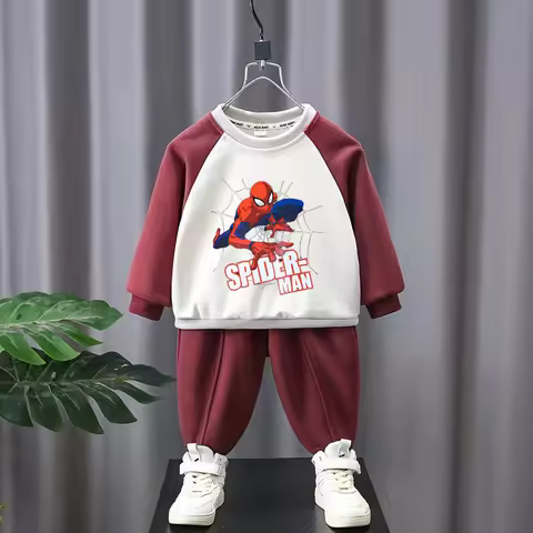 Disney Spider-Man Spring Fall Kids Casual Sweatshirt Set Children's Splicing O Neck Hoodies and Pant