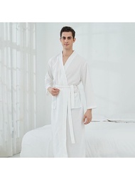男士格紋梳棉浴袍,薄款睡衣,長版式,夫妻世界,旅館浴袍男