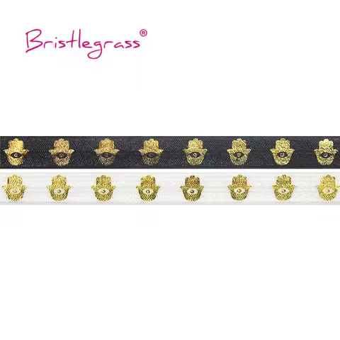 BRISTLEGRASS 5 Yard 5/8" 15mm Gold Evil Eye Hamsa Hand Foil Print Fold Over Elastic FOE Spandex Sati
