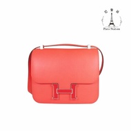 【巴黎站二手名牌專賣店】＊現貨＊HERMES 愛馬仕 真品＊Z刻橘紅色皮革銀邊H琺瑯釦CONSTANCE24康康肩背斜背包