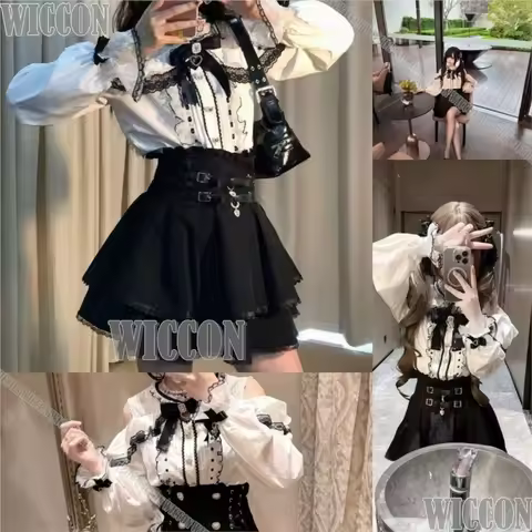 Lace Shirt Jirai Kei Girls Cosplay Costume White Top Suit Black Mini Skirt Cute Woman Y2K Clothes Ha