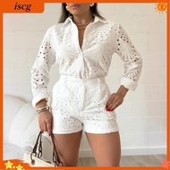 Lined Two-piece Set Solid Color Two-piece Set Womens Eyelet Two Piece Outfit Long Sleeve Shirt and H