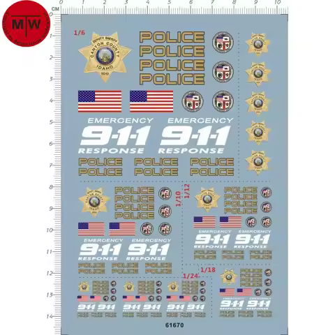 1/6 1/10 1/12 1/18 1/24 Scale 911 US Police Water Slide Decal for Motor Motorcycle Model 61670