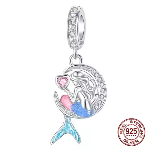 925 Sterling Silver Grace Mermaid Moon Pendant Charm Fit Original Charms Bracelets Women DIY Jewelry