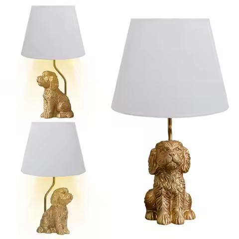 Animal Table Lamp with White Linen Shade Cute Room Decor White Dog Table Lamp 17.7inch for Bedroom L