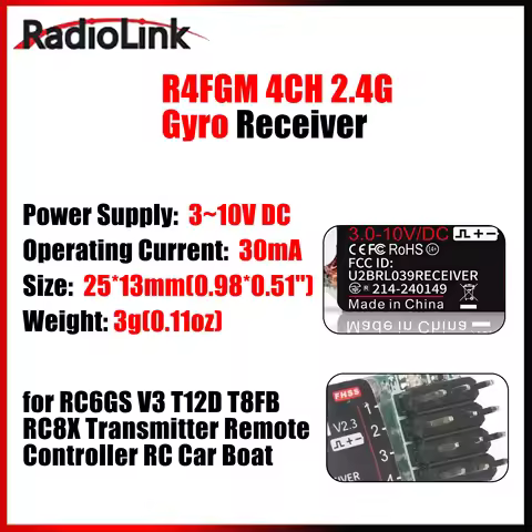 RadioLink R4FGM V2.3 4CH 2.4G Mini Receiver Radio System for RC6GS V3 T12D T8FB RC8X Transmitter Rem