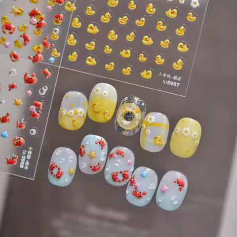 5D Jelly Nail Stickers Cute 3D Yellow Duck Crab Starfish Bubble Design Nail Decorations Self Adhesiv
