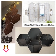 23cm x 26.5cm Modern Geometric Hexagon Mirror Decoration Cermin Sticker Hiasan Rumah House