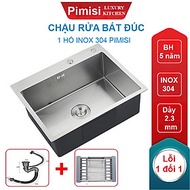 Chậu rửa bát inox 304 đơn 1 hố đúc Pimisi kích thước 6045-4540 cm đầy đủ xi phông loại to và kèm rổ 