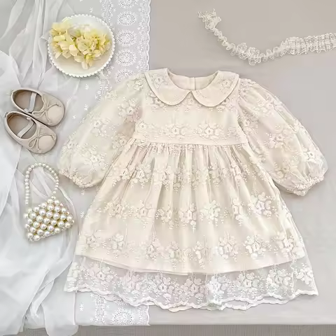 2-6Yrs Toddler Clothes Autumn Baby Dress Clothes Lace Embroidery Girls Princess Party Toddler Girl D
