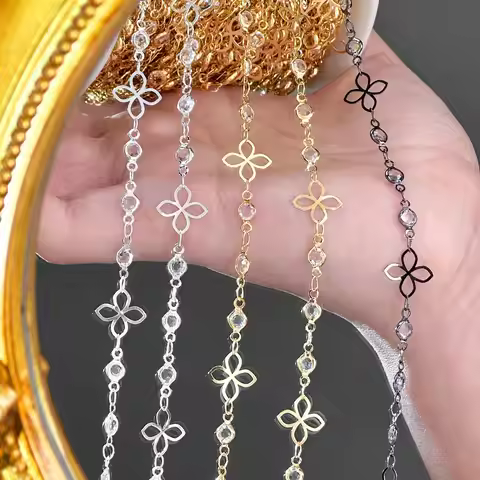 0.5/1/2M Hollow Flower Glass Inlaid Copper Chain Retro Simple DIY Necklace Tassel Chain Hair Accesso
