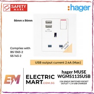 hager MUSE WGMS113SUSB 13A single switched socket outlet + 2 x USB charger Suitable for BTO switch HDB, new installation