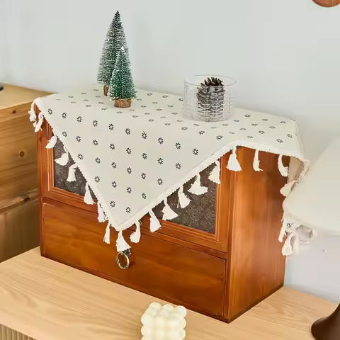 1pc Beige and Blue Daisy Print Tablecloth with Tassels, French Country Style, Fresh Floral Pattern