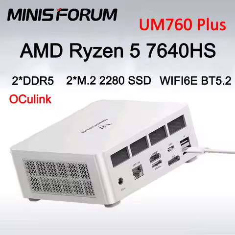 MINISFORUM UM760 Plus AMD Ryzen 5 7640HS Mini PC Win11 2*DDR5 2*M.2 2280 SSD Wifi6E BT5.2 Oculink De