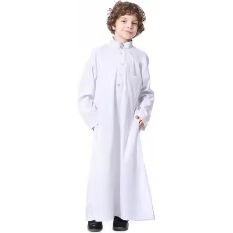 Boy's Muslim Arab Solid Color Thobe Long Sleeve Kaftan Embroidered Robe Islamic Arabic Abaya Thobe