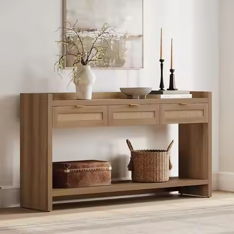 Rattan 60-inch Console Table for Entryway - Farmhouse Style Sofa Table with 3 Drawers, Slim TV Conso