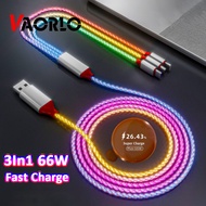 VAORLO 66W 3 In 1สายเรืองแสง Super Charge Data Cable สำหรับ Micro USB 8Pin Type-C 6A USB-C Fast Charging 2.4A Lightning RGB โทรศัพท์สายชาร์จสำหรับ Android Xiaomi Huawei