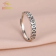 S999 Sterling Silver Retro Distressed Coin Ring Female Lucky Copper Coin Transfer Ring Design Simple